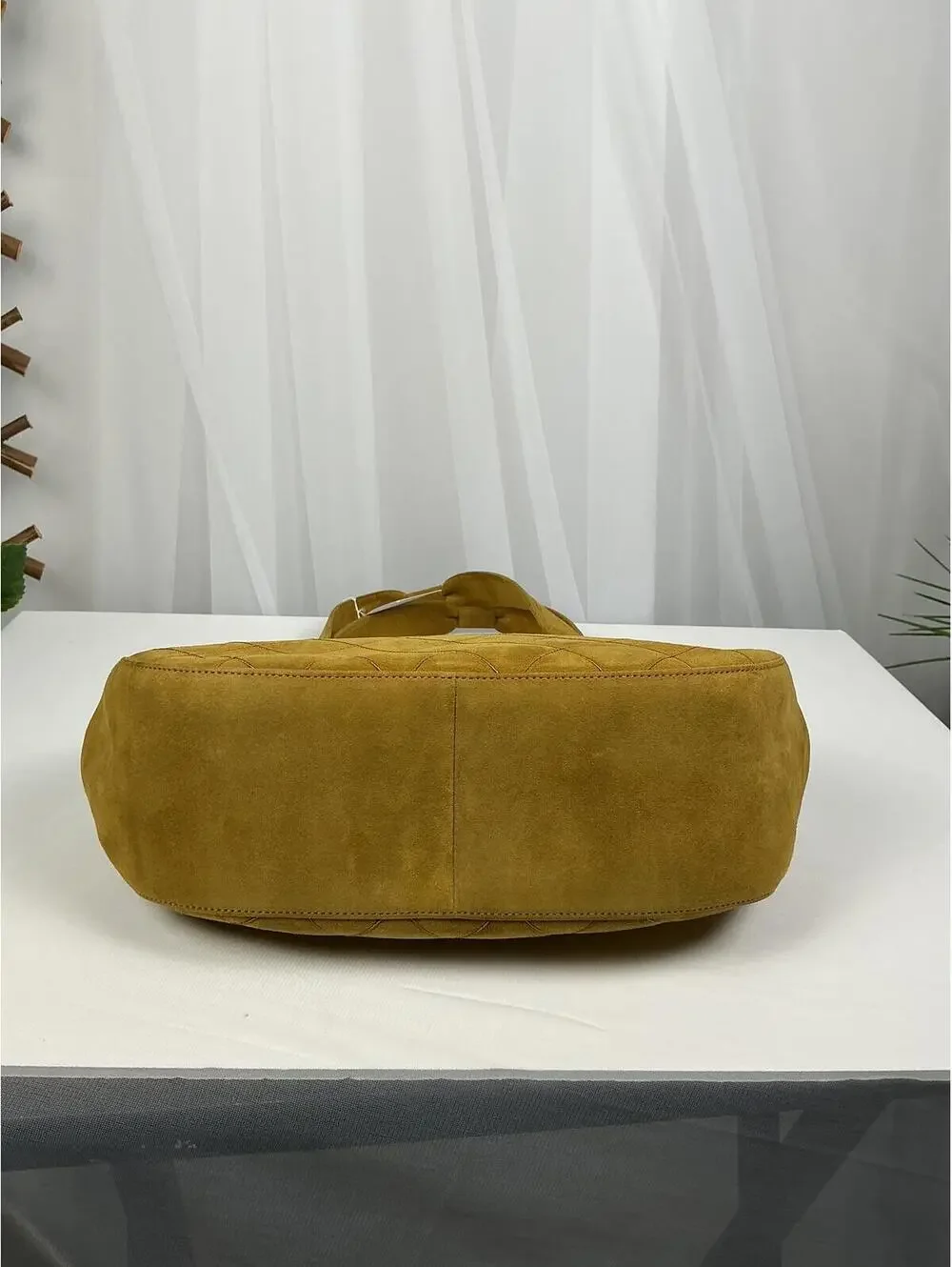 Chanel Mustard Yellow Quilted Suede Shoulder Bag Hobo Style 1999